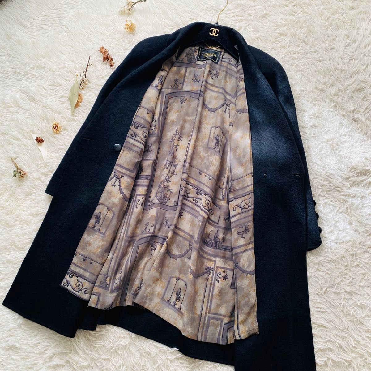 美品 cremona カシミヤ100% シルク 派手裏地 ダブル チェスターコート