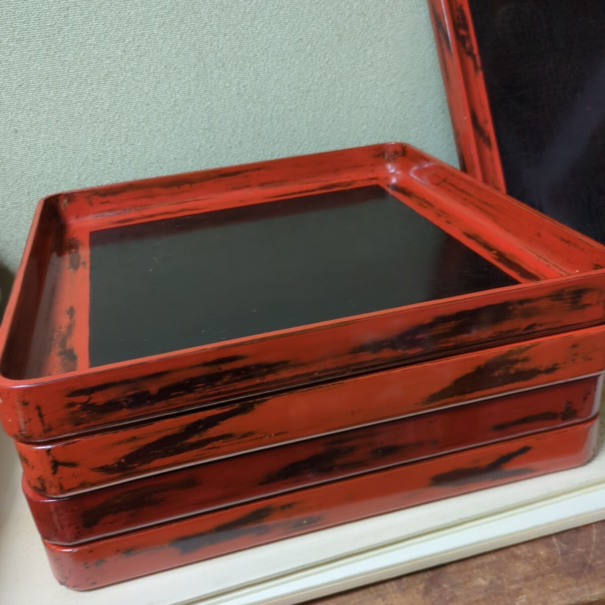 骨董 お盆 ベスト お膳 木製 漆器 あけぼの トレイ 角盆 5つ