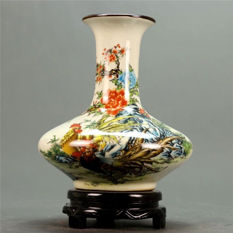 高品質 官窯焼き オンライン 粉彩描金 鶏柄 花瓶 磁器 景徳鎮