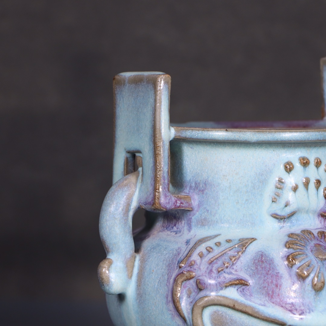 ▽鴻▽宋朝時代 陶磁器 鈞窯藍釉紫斑夾板炉 染付 時代物 中国古美術