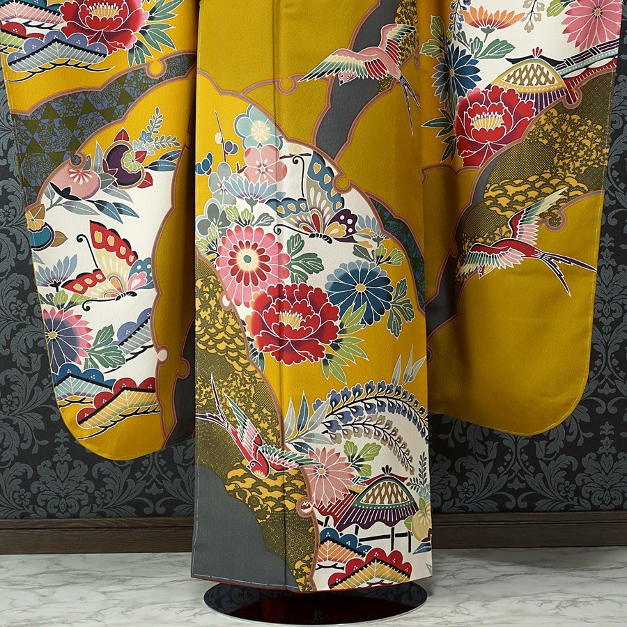 振袖 新品 仕立上り 京紅型 宮崎良次 丹後ちりめん 4点 からし色系