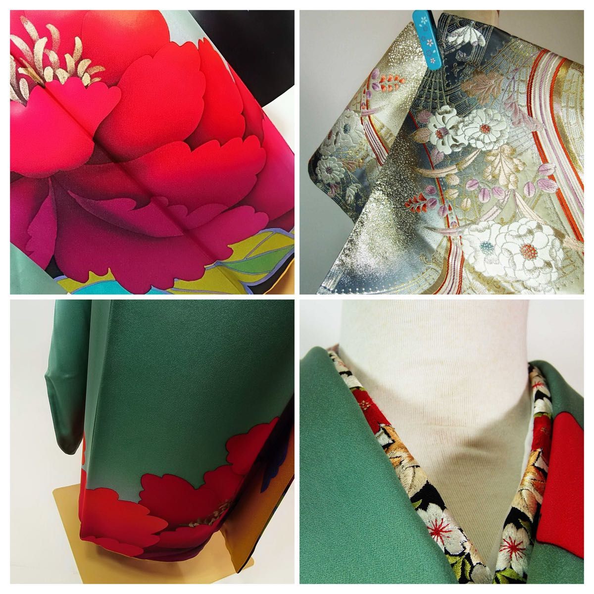 振袖・長襦袢 2点セット正絹 青緑地に大輪牡丹と蝶文様／鮮やかモダン