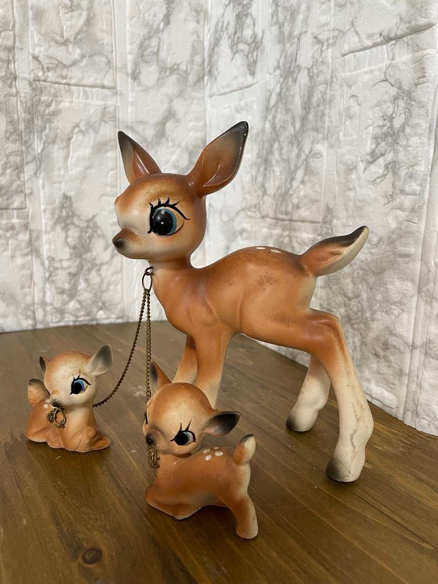 昭和レトロ バンビ アンティーク 陶器 置物50s バンビ親子 陶器 3set