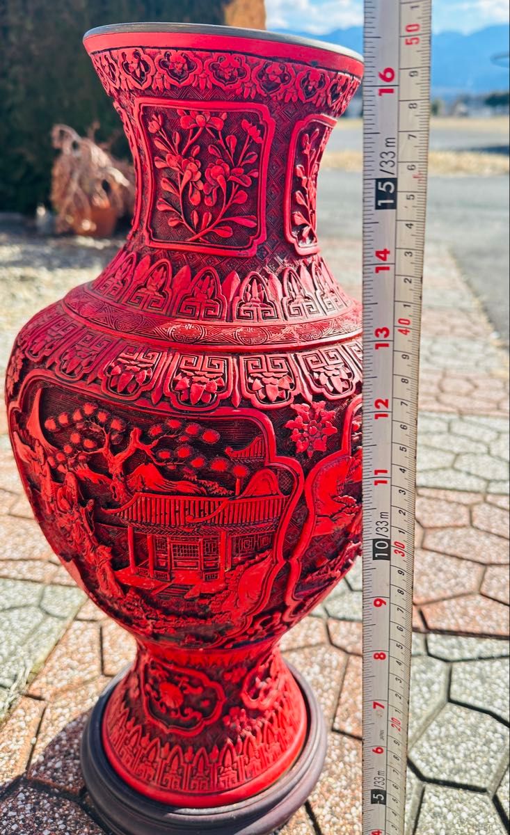 中国 北京 中国 北京 古玩 漆器 堆朱 花瓶 一対 山水風景図 古玩 漆器