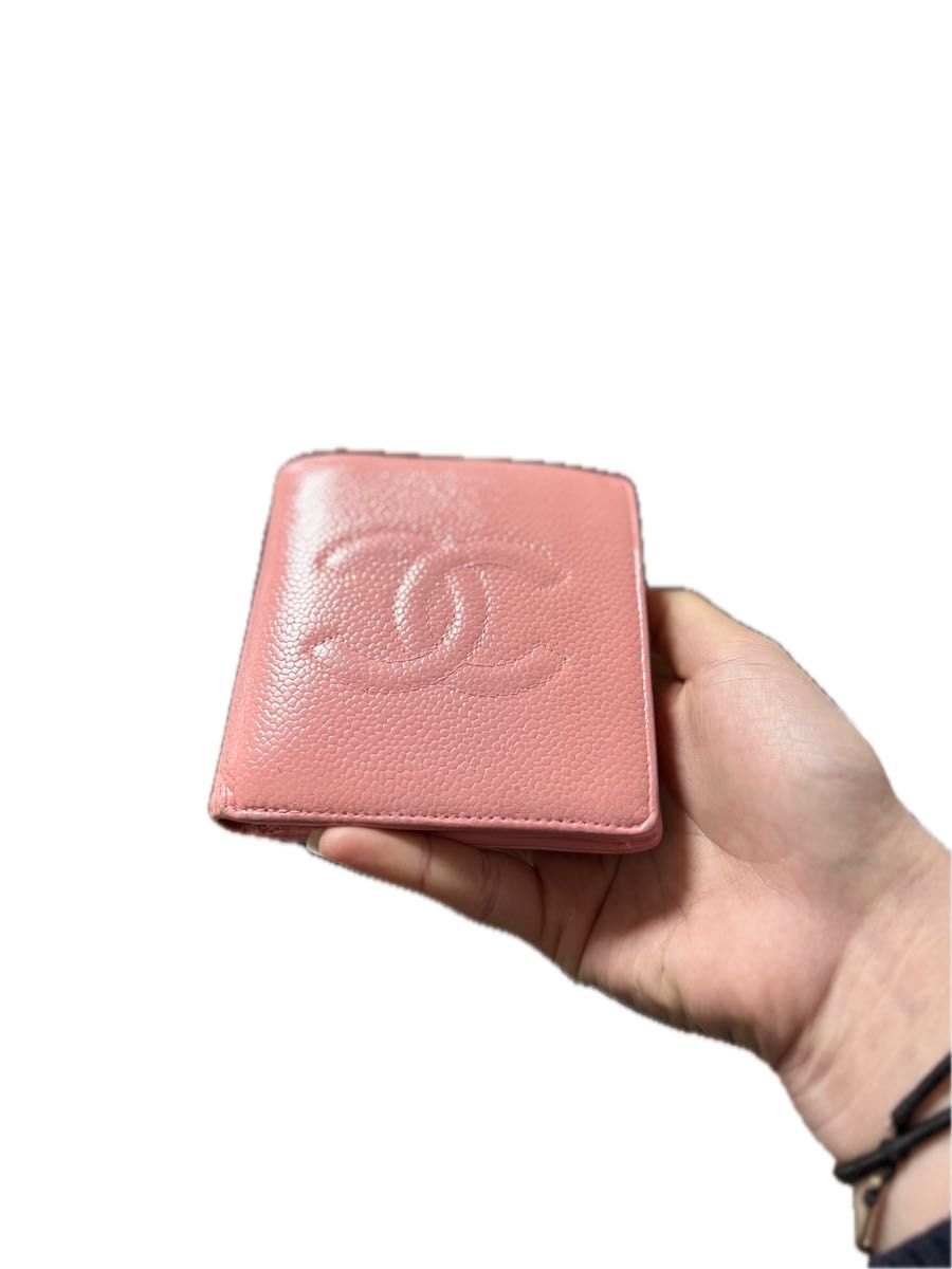 CHANEL 財布 キャビアスキン ココマーク ピンク 二つ折り財布 レザー