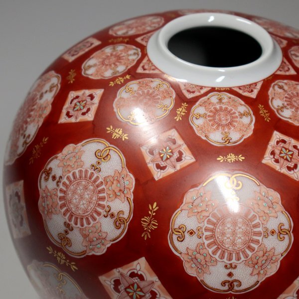 TAKIYA】8229 福島武山 『赤絵更紗文花瓶』 共箱 銘有 九谷焼 佐野窯
