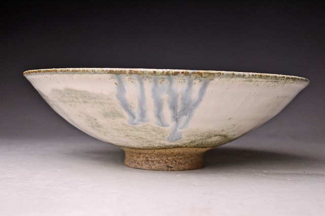 板東豊光 ☆ 白釉青掛茶碗 ☆ 共箱共布 ☆ 大雪窯