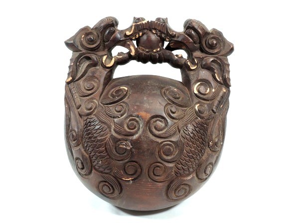 仏教美術/玉鱗工/細密双龍彫木魚/杢魚/一尺/31cm/細密