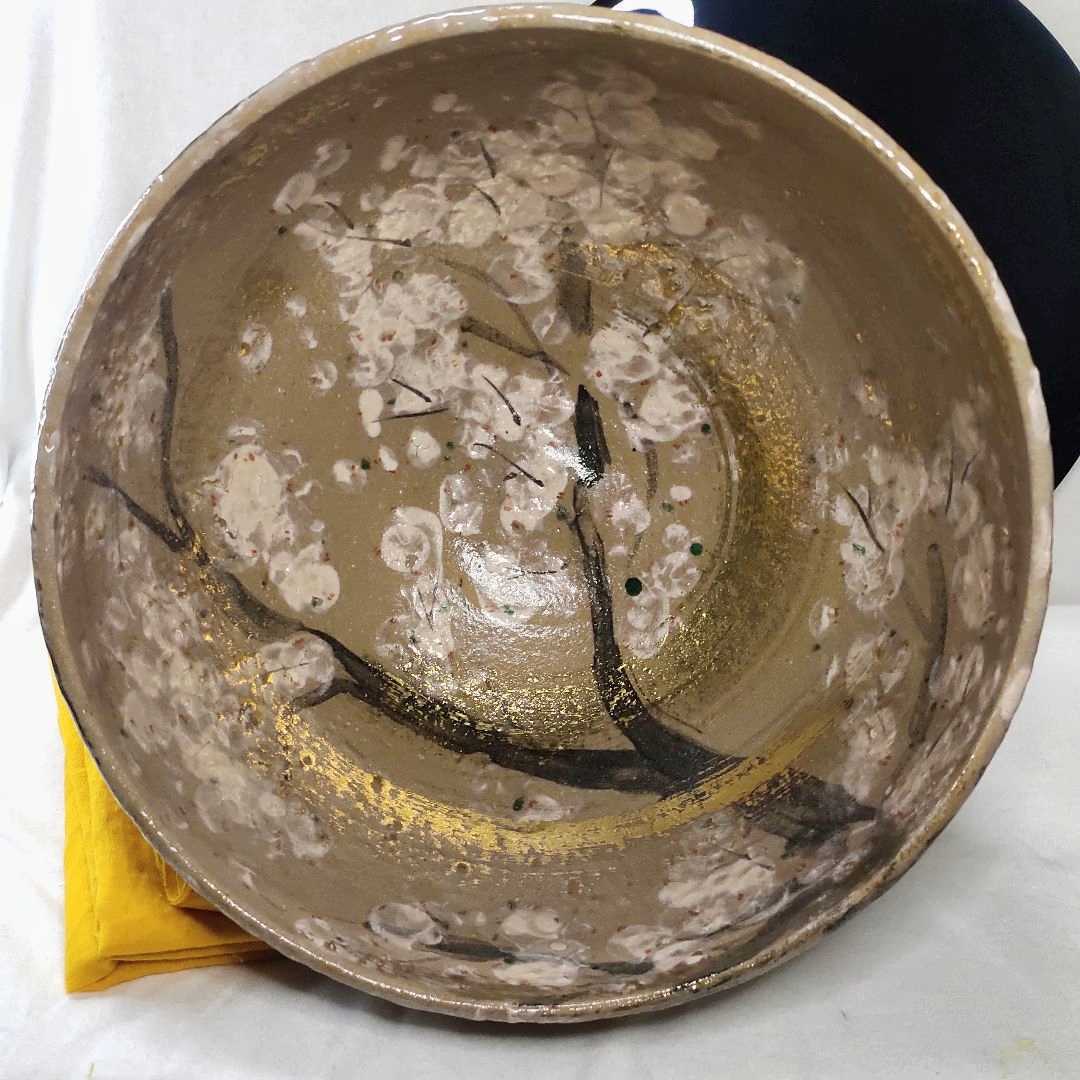 茶道具 水指 青葉太陽造 金彩寒梅図 手描き 共箱 コレクター放出 旧家蔵出