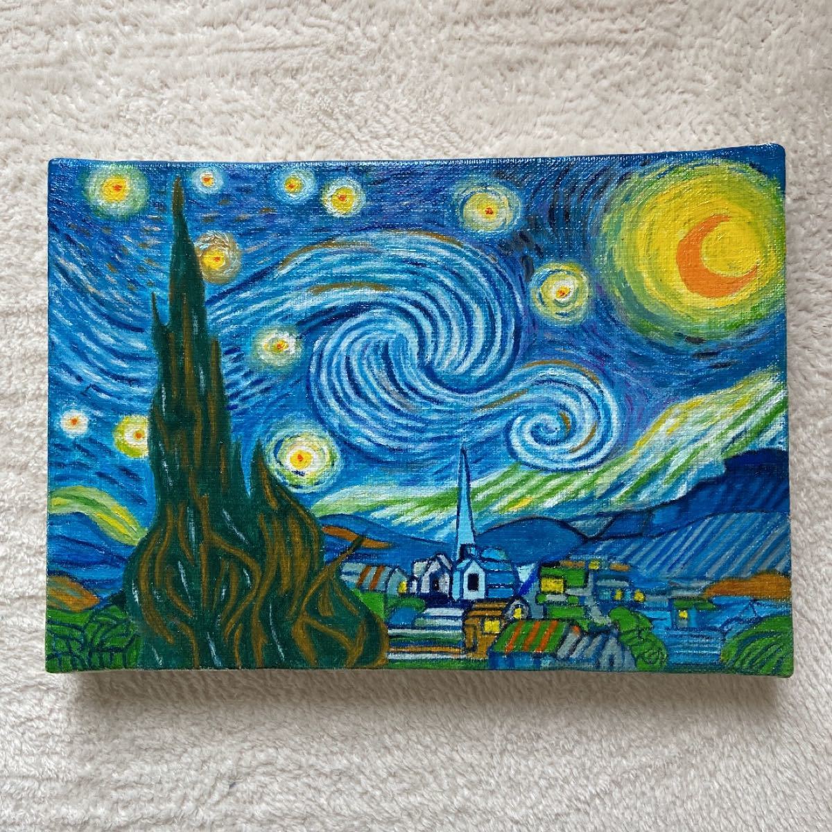 ☆秀作☆手書き油絵 ゴッホ 星月夜 額付 絵画 インテリア 油彩画