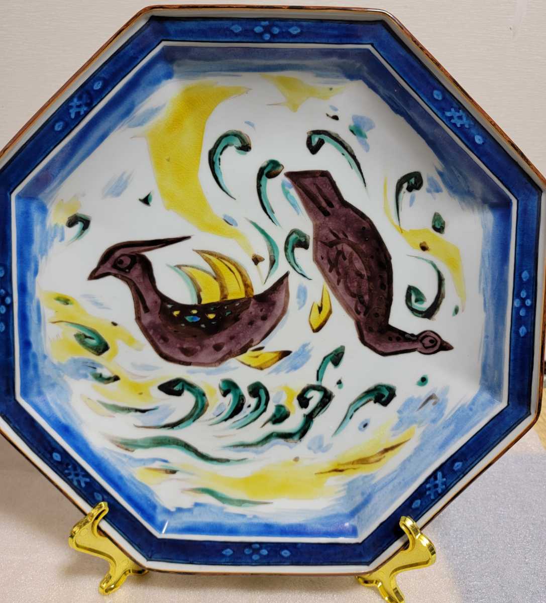 変形皿 角皿 舟形 古九谷 色絵付 鳥 梅 明治 大正 銘 角福