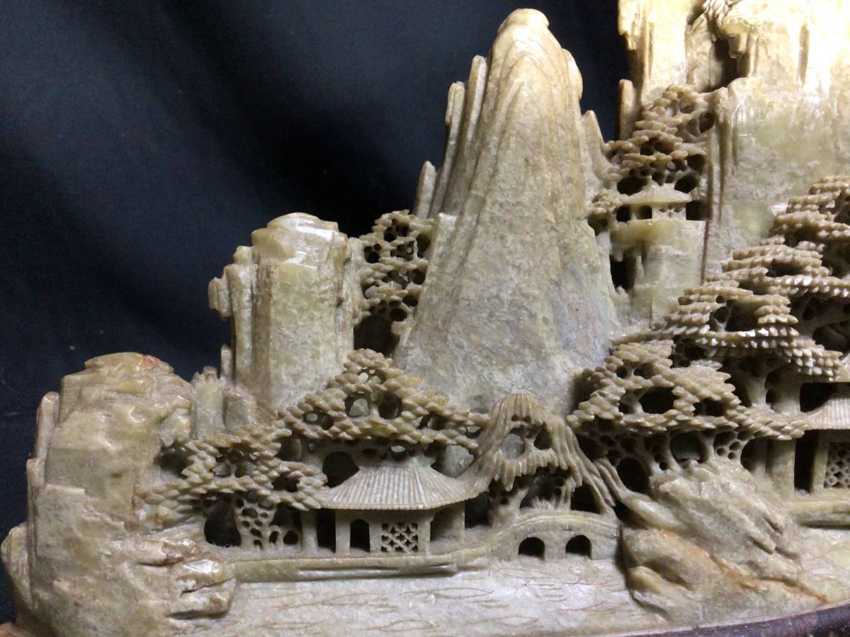 寿山石の彫刻 楼閣山水風景 ジオラマ 中国美術 天然石 水雕 ガラス