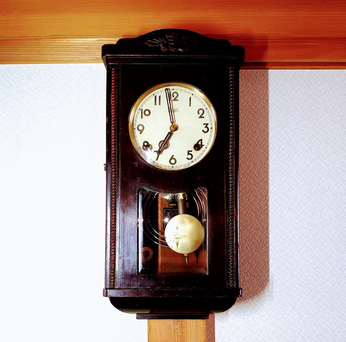 完動・美品〉明治時計 オキュパイドジャパン 宮型ゼンマイ振り子時計