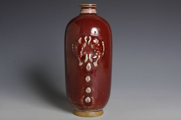 V2107 中国陶器 在銘 祭紅 辰砂双魚刻瓶 花瓶 花入 花生