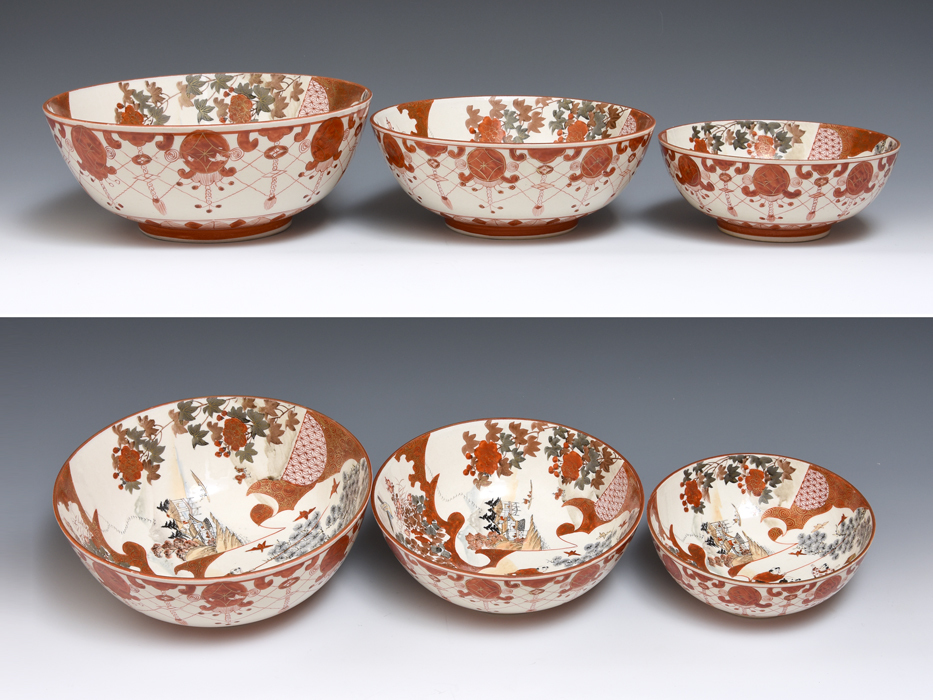 アンティーク 九谷焼 竹に虎図 三ツ鉢 深鉢 大鉢 三重鉢 骨董 手描き青