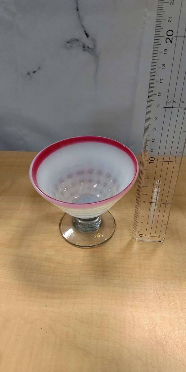 氷コップ 昭和 大正 レトロ 赤フチ 乳白色 凸凹水玉 /経年品
