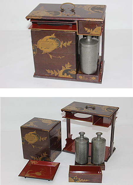 野弁当箱☆蒔絵 漆芸蒔絵提重・漆塗蒔絵弁当箱（古