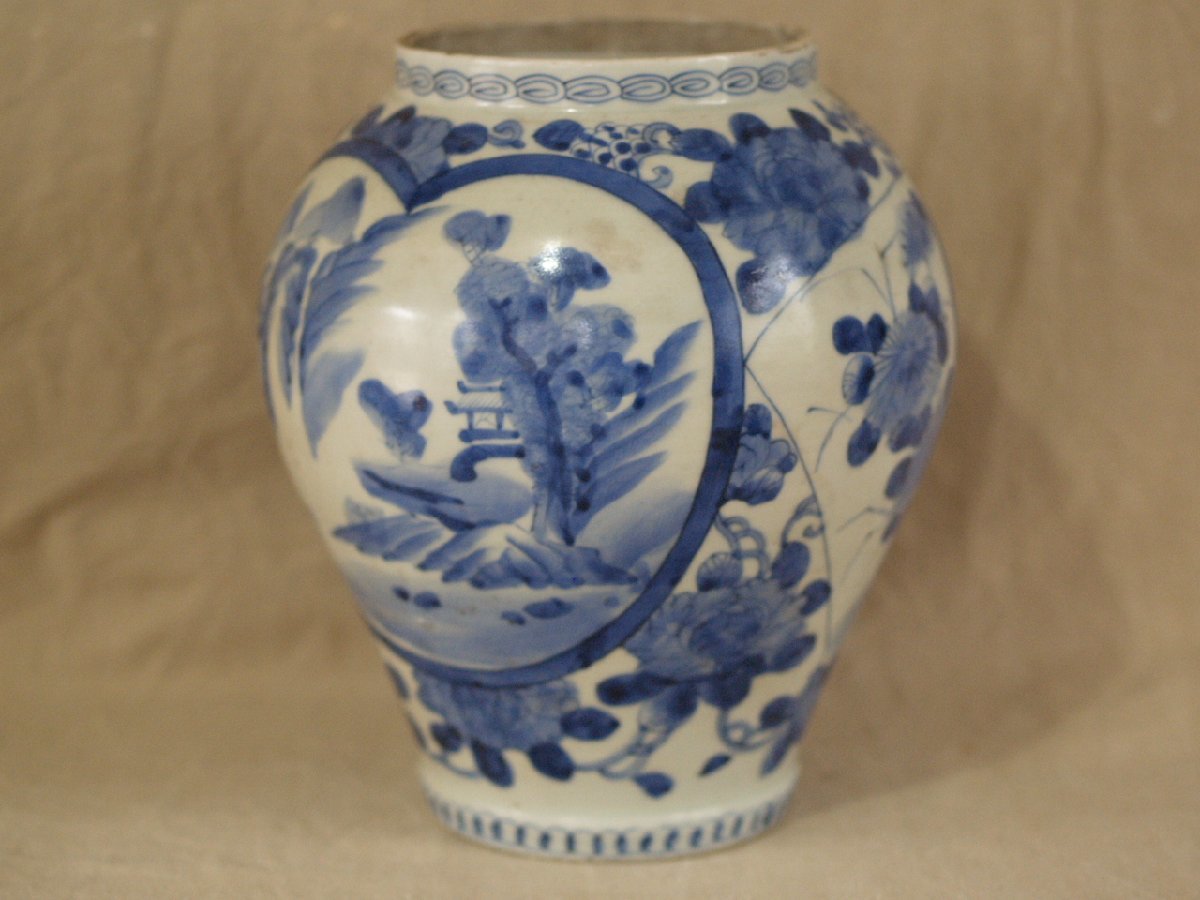 花瓶□青木木米「聾米造」江戸期（徳川時代）古い染付筒花器山郷山水