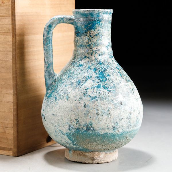 207T. 古美術 古代ペルシャ 波斯 青釉銀化把手壷 箱付属 / 陶器陶芸古