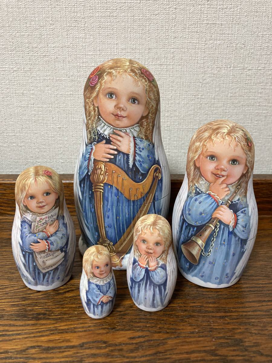 ロシア雑貨☆天使マトリョーシカ(5P)V.バルスコワ作 木製人形 リダ工房