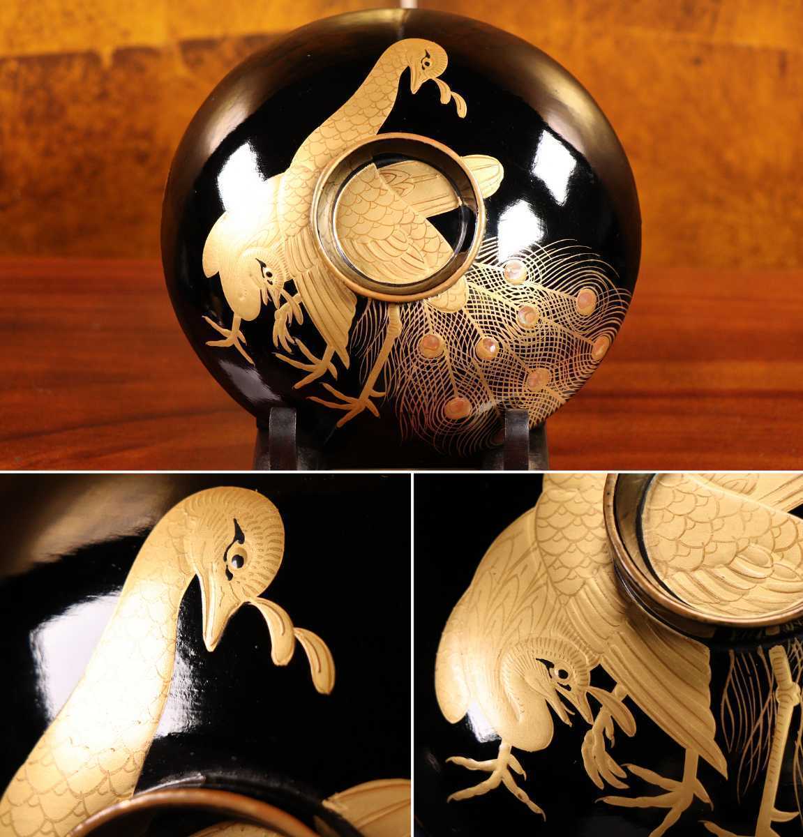 CA56 時代輪島塗 黒塗孔雀文様金蒔絵椀五客 高盛細密螺鈿細工 木製漆器