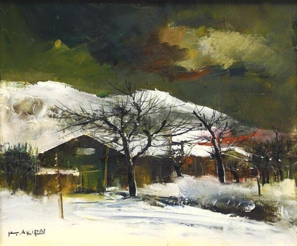 小松明 「冬の日」油彩 色紙大 風景人気画家 小松明 「冬の日」油彩