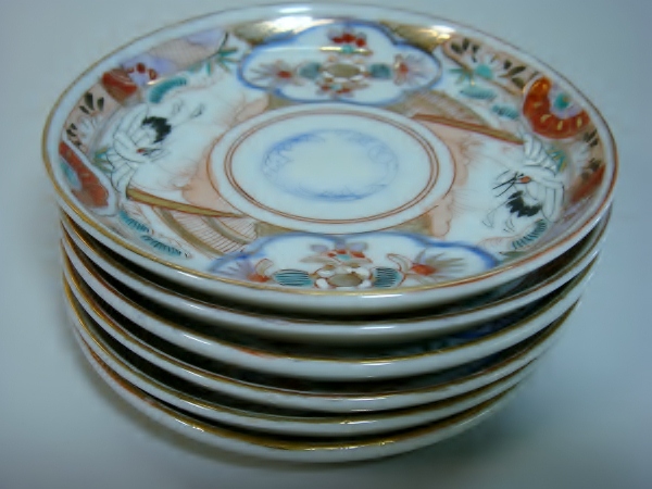 小皿□古い伊万里赤絵 鶴 松竹梅 窓花唐草紋 6枚 骨董品(江戸後期