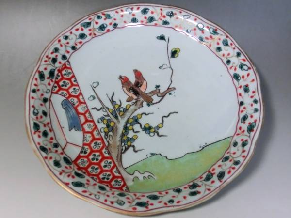 皿□古い赤絵 鳥紋 春 花弁型 春 箱付き 古玩 花唐草 時代物