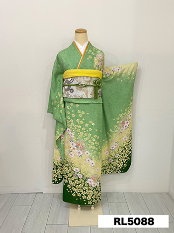 振袖 正絹 グリーン地 押し箔 素敵なデザイン k-6715 振袖 正絹