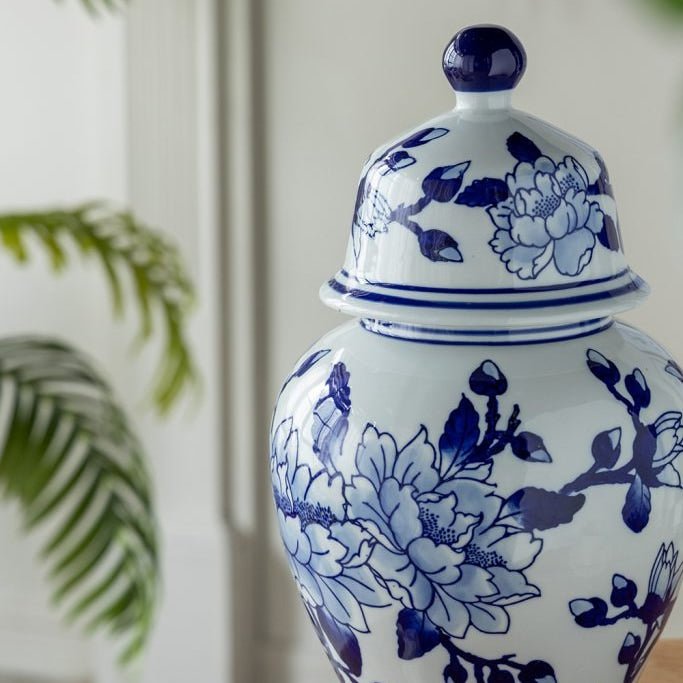 マグノリア模様の蓋付き花瓶 壺 H36.5cm | ホームインテリア萬里