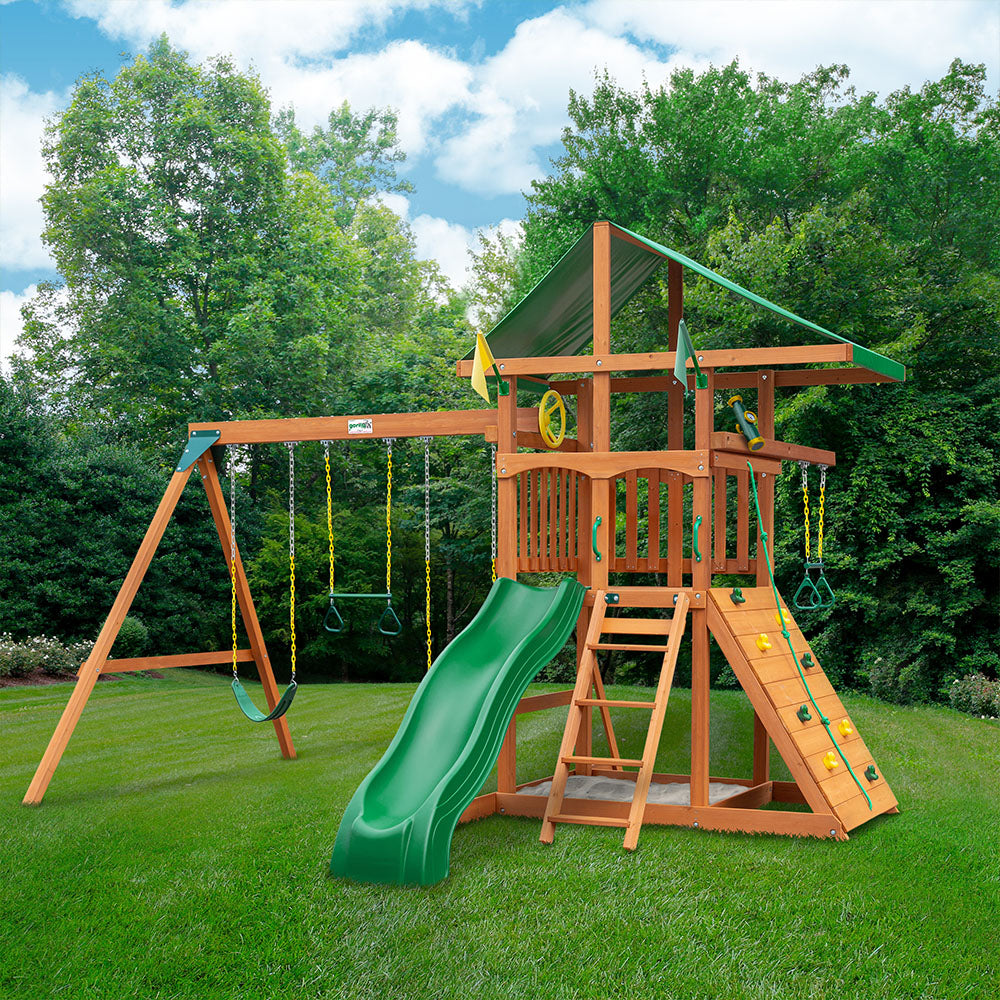 Outing II w/ Trapeze Arm Wooden Swing Set | Kid's Wooden Playsets