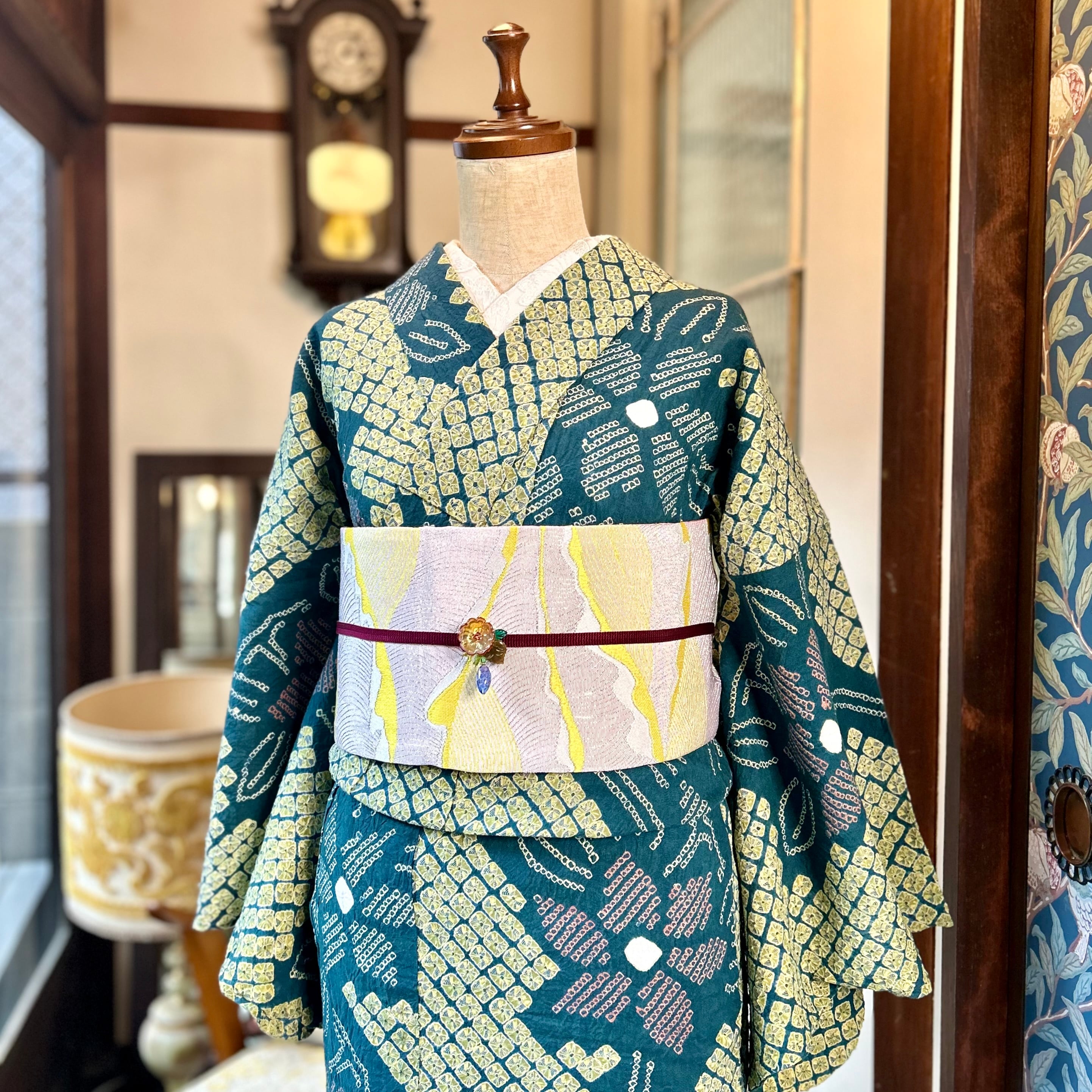 最終価格 裄長 有松鳴海絞り浴衣 エメラルドグリーン 仕立て直し品