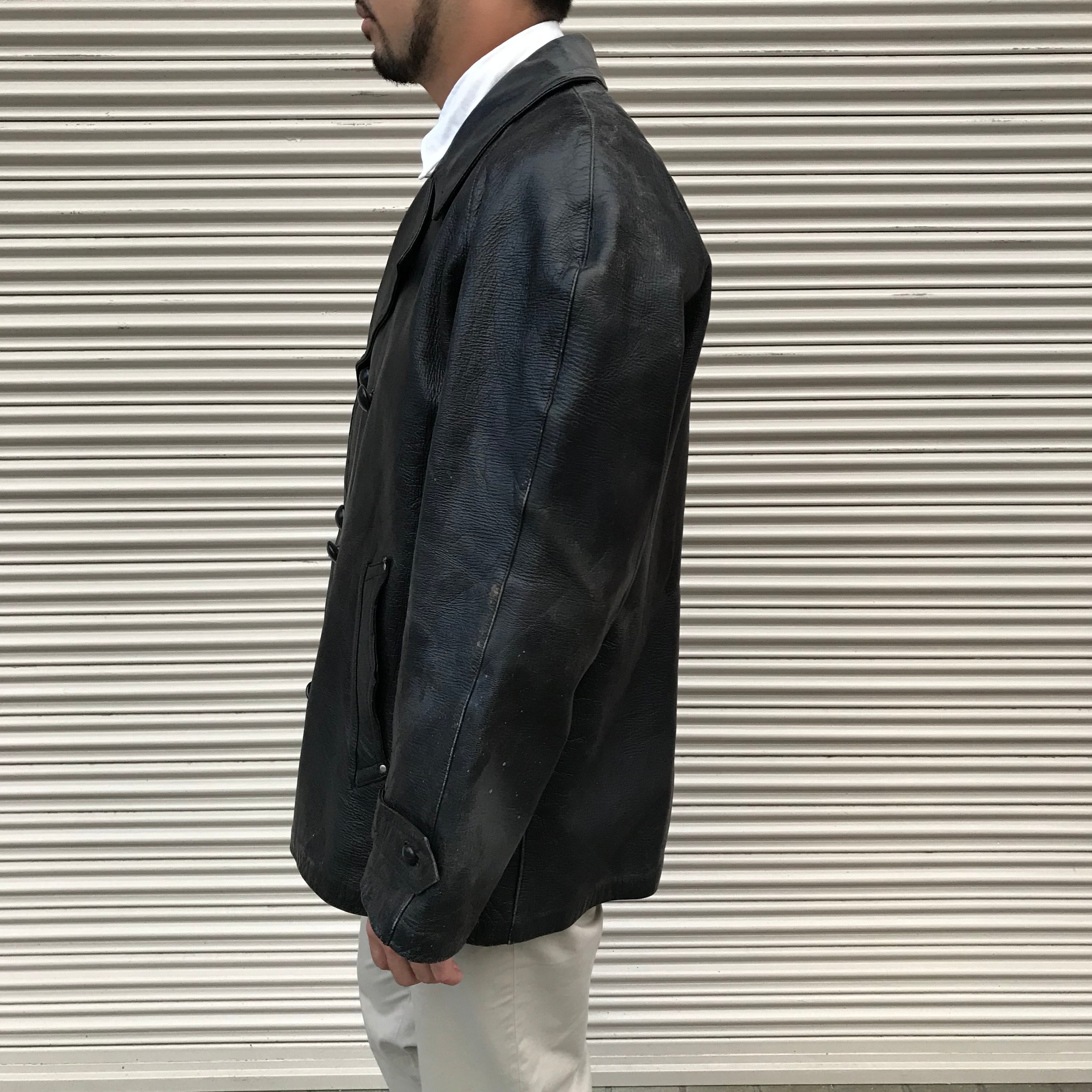 50s Italy Vintage イタリア軍 ポリスマン レザー カーコート ブラック