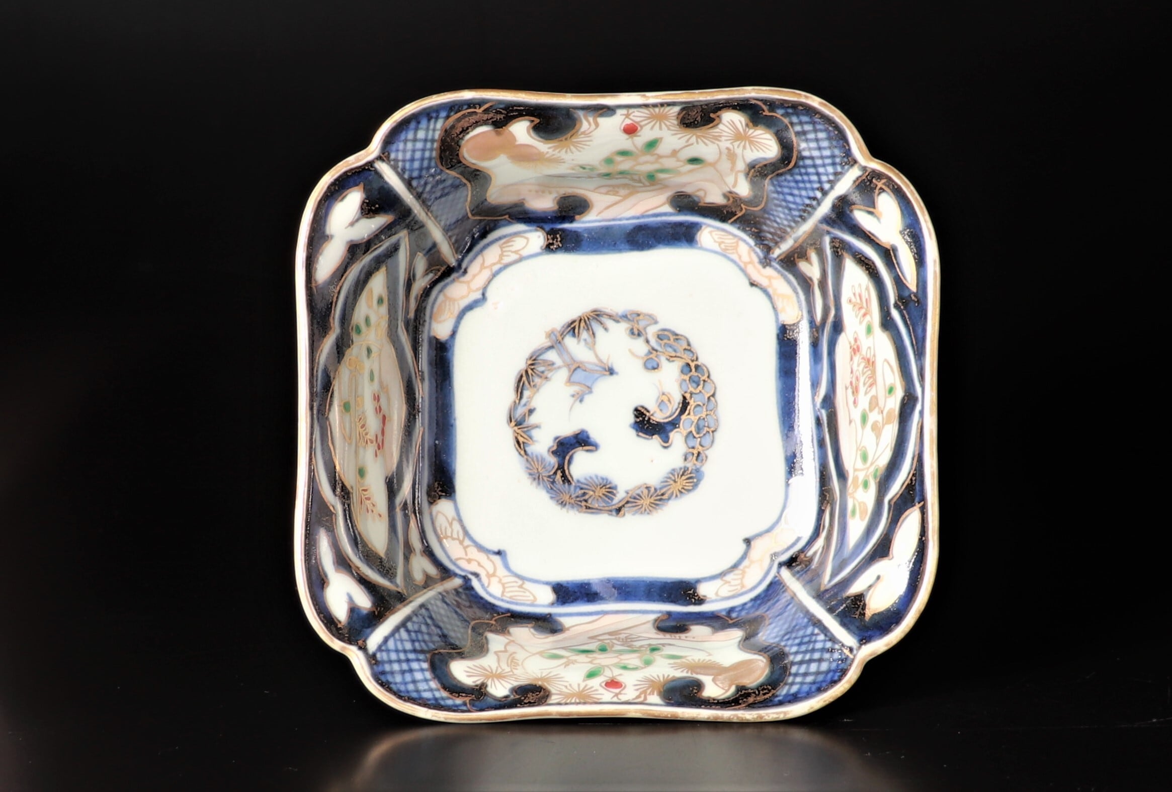 鉢□染付鴨図六角鉢 浮き草 水辺 青華 江戸後期 古美術