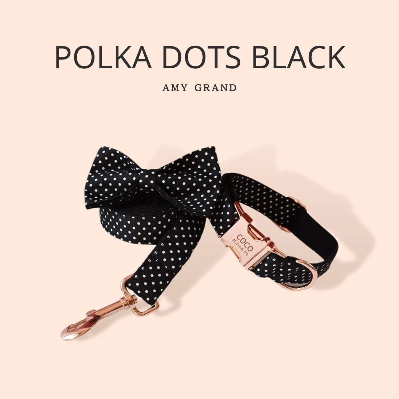ブラック水玉ドッド】迷子札付犬の首輪＆リボン&選べるリードセット