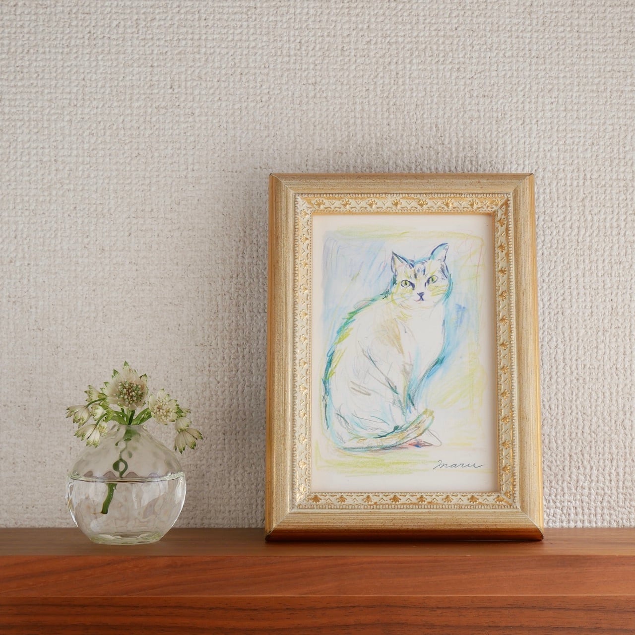 猫の油絵【ひこうき雲】1点物の原画/作者サイン入り◇額縁付属 猫