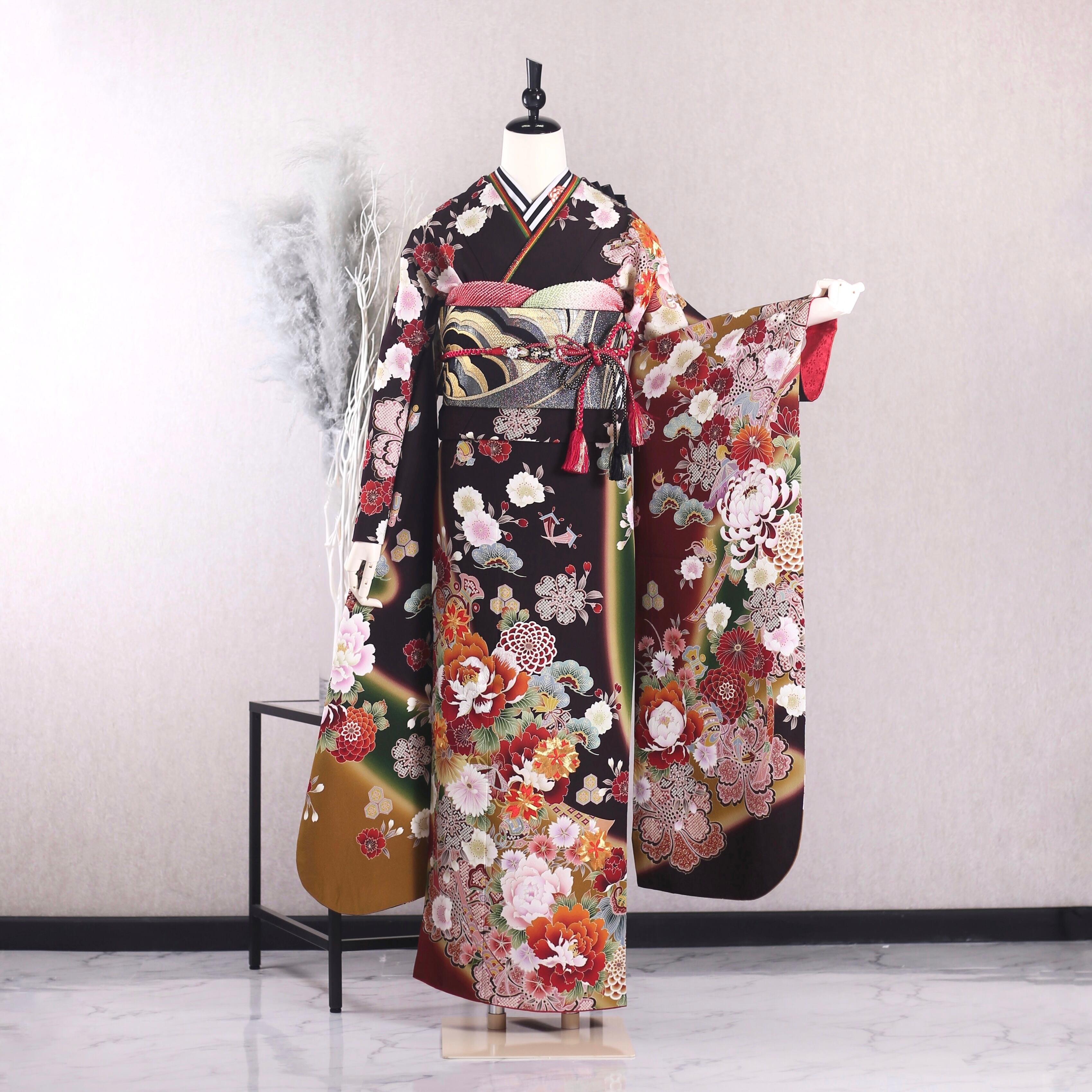 振袖フルセット 振袖セット 振袖 M〜Lサイズ 茶×モダン 美品 成人式