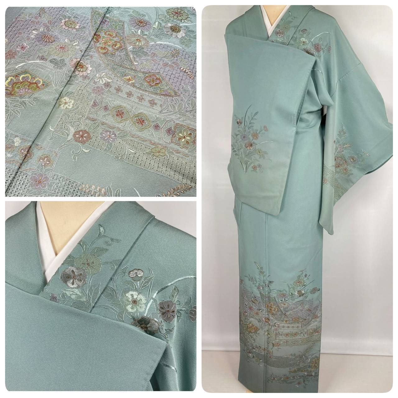 汕頭刺繍 蘇州刺繍 総刺繍 金糸 訪問着 正絹 花柄 熨斗 山藍摺 青緑