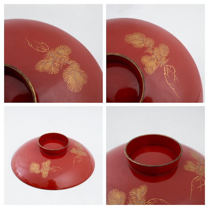 時代木製漆器 松に霞図 朱塗引き盃 二十九客 金蒔絵 小皿 木皿 MA350