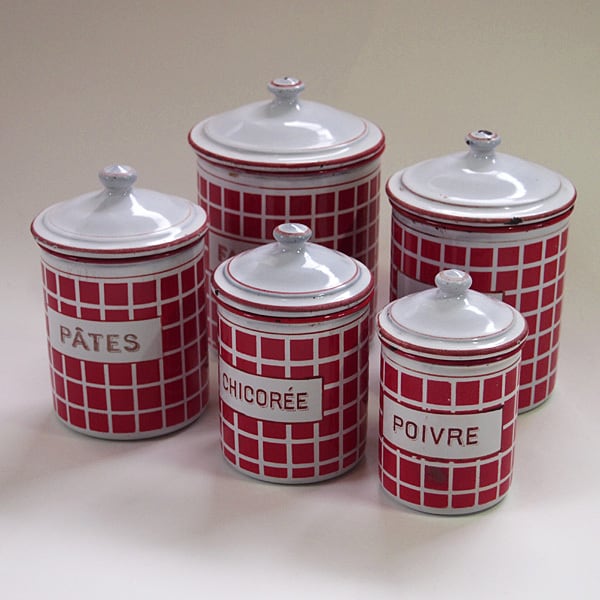フランス アンティーク ホーロー キャニスター BB社 赤ダミエ柄 5個