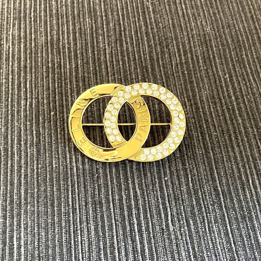 CELINE セリーヌ ブローチ Wサークル CELINEロゴ ラインストーン