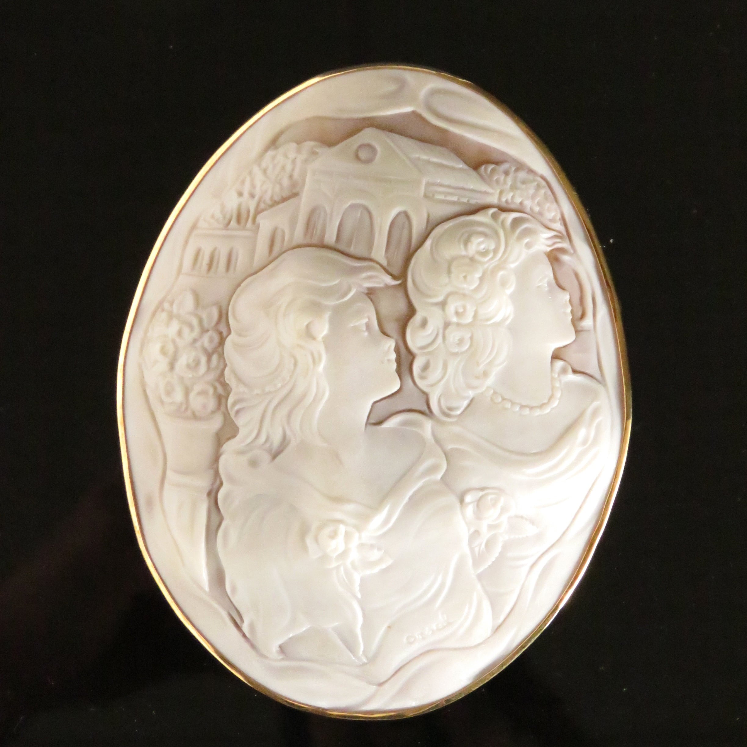 カメオシェル女性と小鳥ペンダントトップ&ブローチ2way K18枠