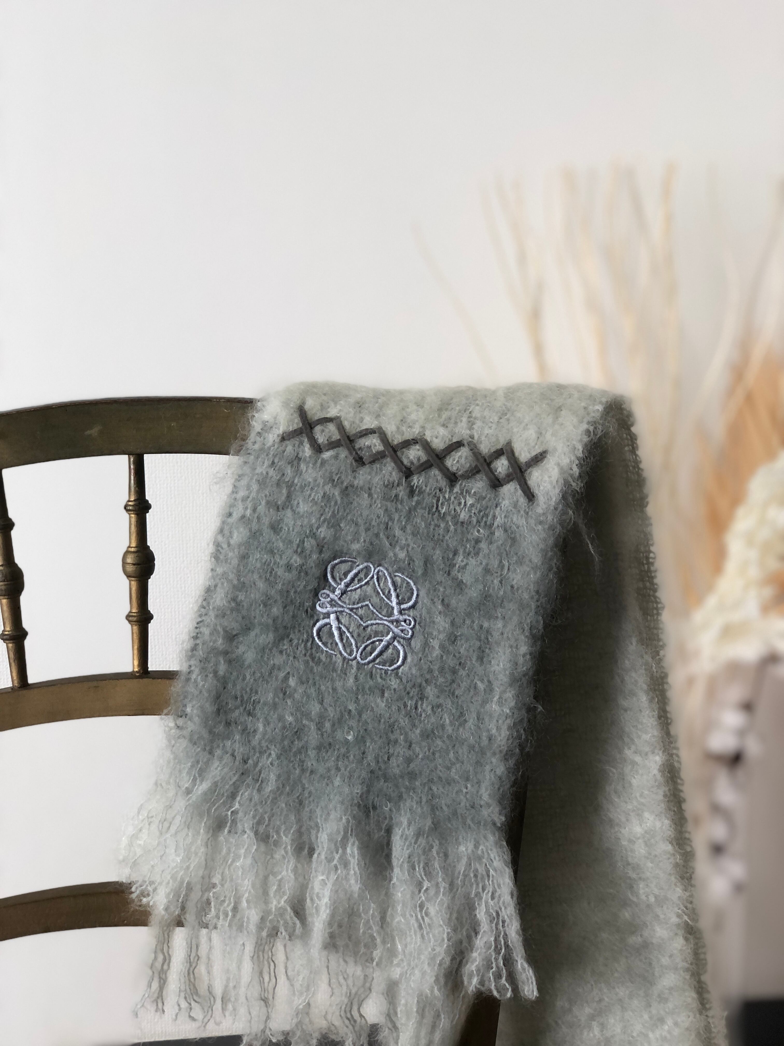 LOEWE ロエベ アナグラム モヘア マフラー ホワイトグレー vintage