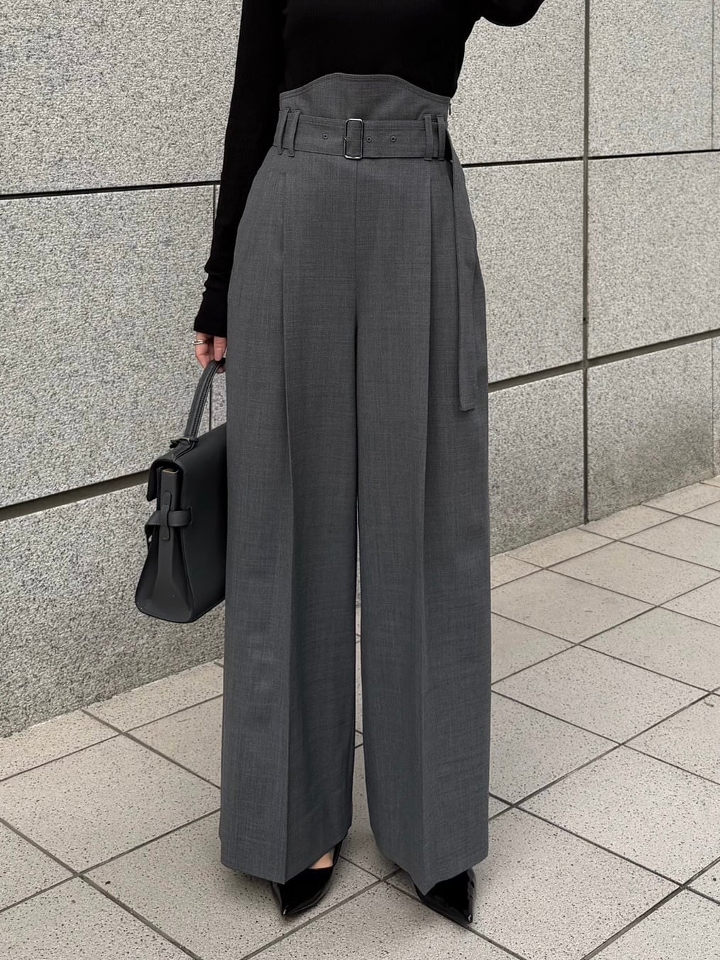 HEYON へヨン duck pants/ホワイト ハイウエスト ベルト付き HYEON