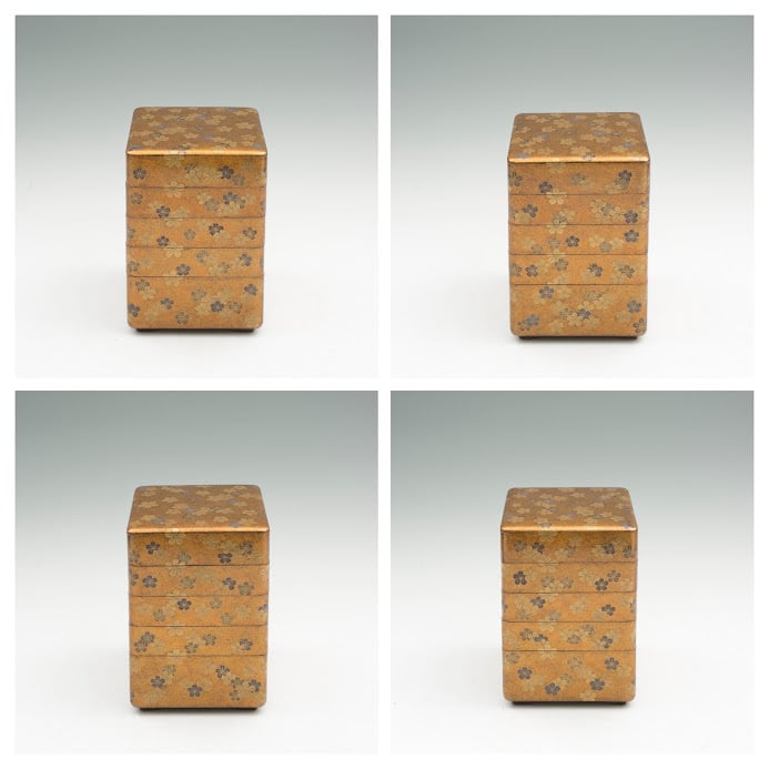 MA322 時代木製漆器 総蒔絵総梨地 花七宝 花の丸蒔絵 五段