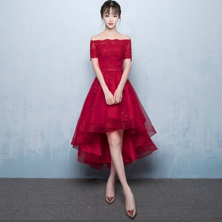 パーティードレス 結婚式 フィッシュテール 花柄 刺繍 シースルー オフ