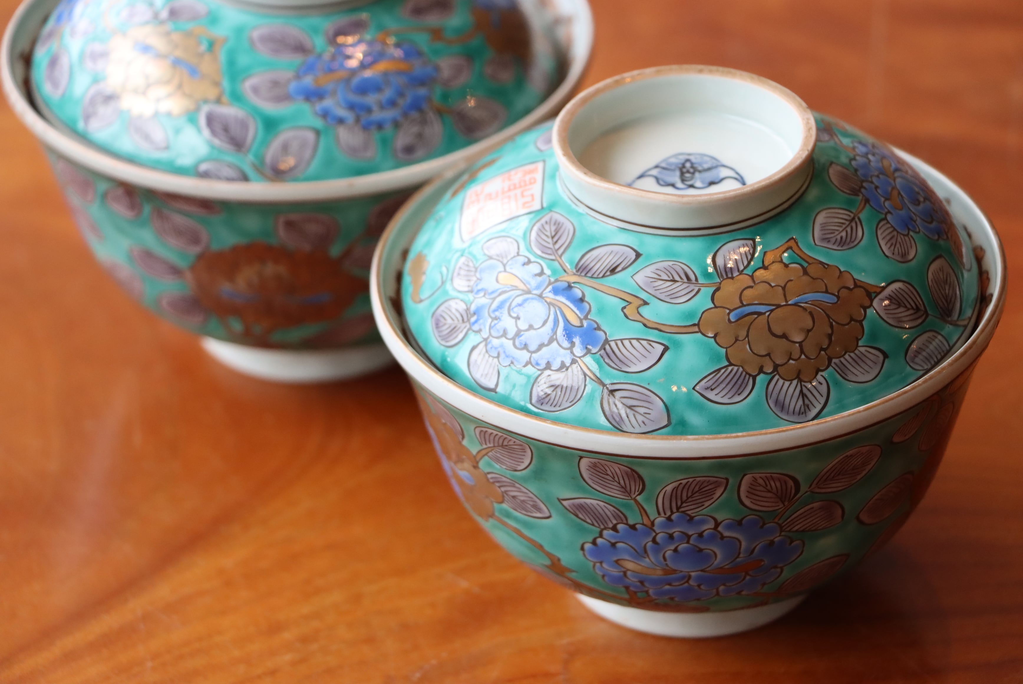 ◇栄◇古伊万里 色絵 花鳥 蓋茶碗 5客 江戸期 18ta174