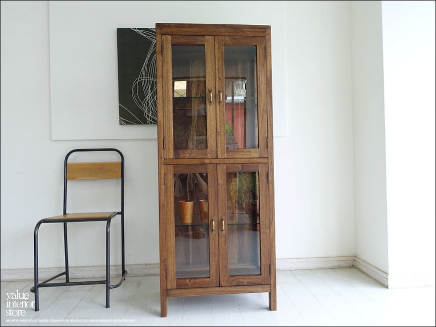 オンライン 昭和レトロ 和モダン 木製キャビネット 引き戸ガラスショー