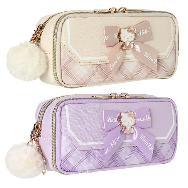 Z24183】ハローキティ合皮チェックプレートリボン多機能ポーチ | AXCIS