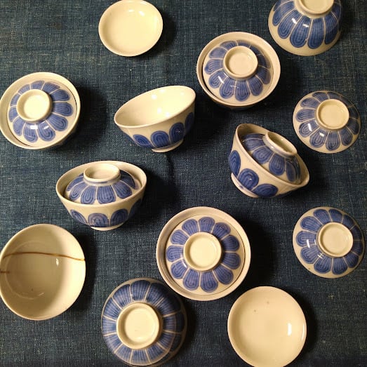 青華白磁透刻染付蓋置高麗茶道具桐箱入り茶道具